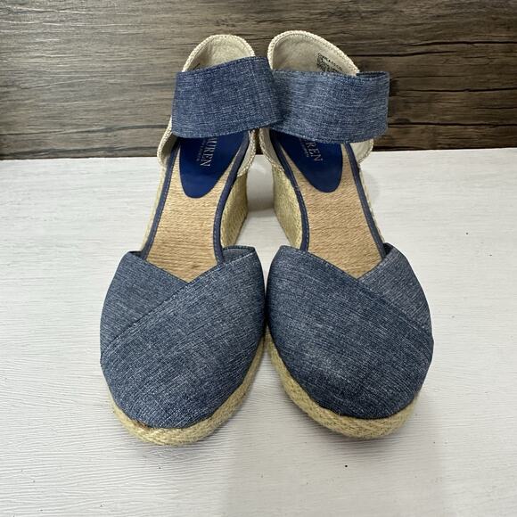 Lauren Ralph Lauren Wedges Women 11B Charla Denim Blue Canvas Espadrille Coastal - Picture 3 of 10